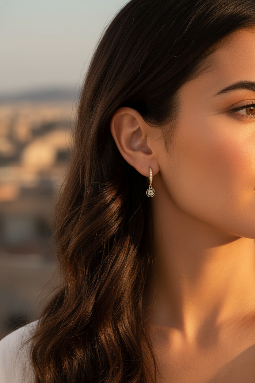 Close-up lifestyle shot of model wearing Evil Eye Huggie Drop Earrings