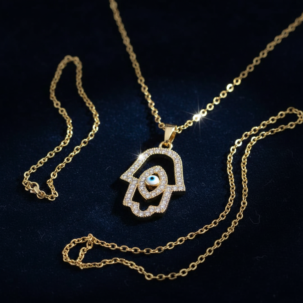 CZ Hamsa Evil Eye Necklace — navy velvet showcase
