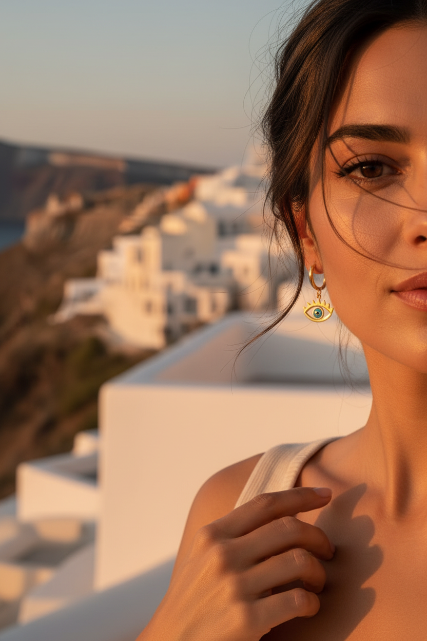 The Guardian Eye Earrings Santorini sunset lifestyle