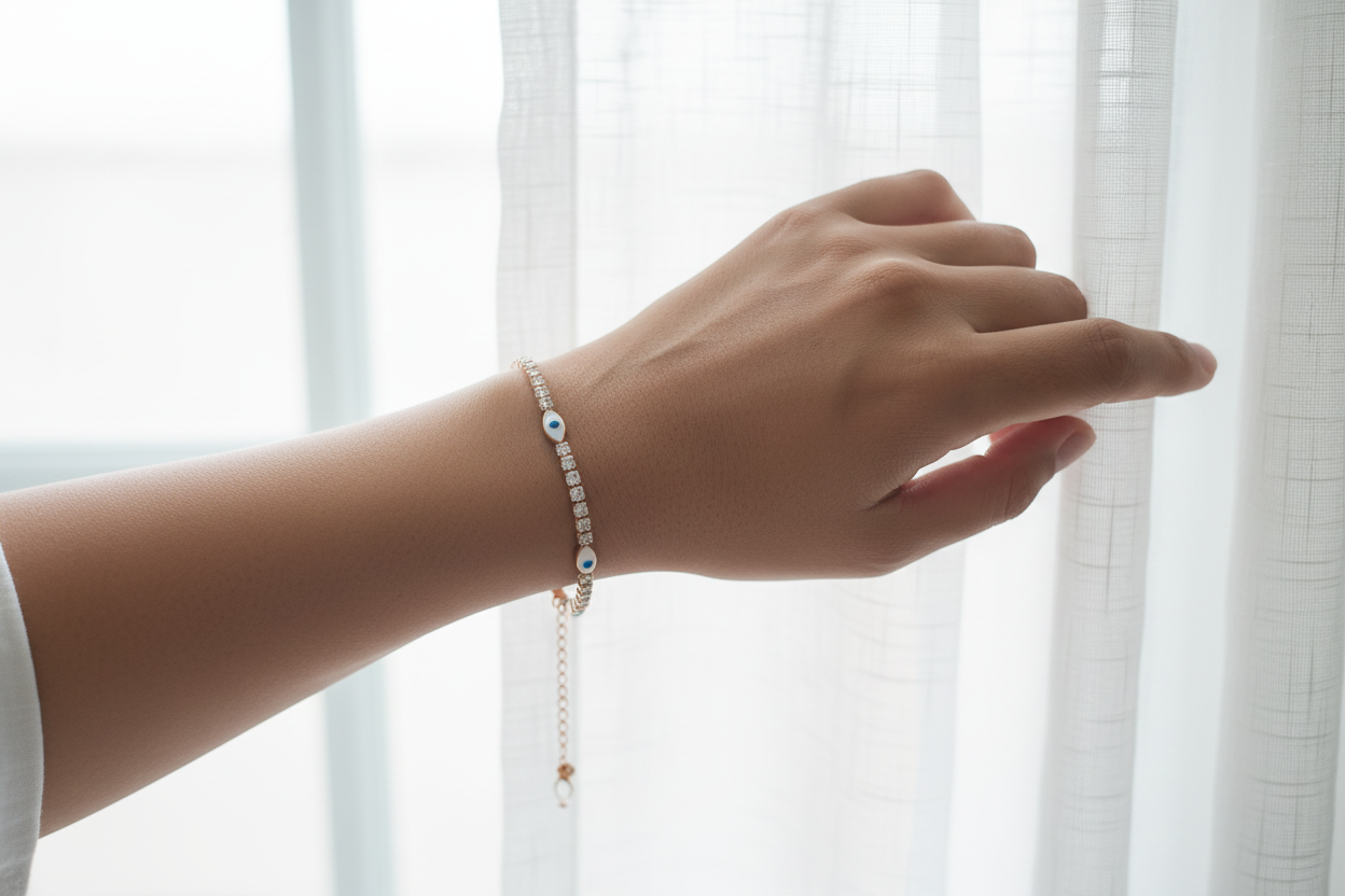 Evil eye tennis bracelet lifestyle window scene