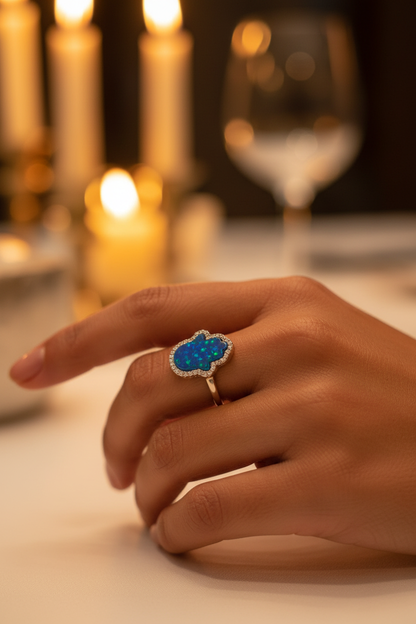 Blue opal hamsa ring candlelight luxury dinner lifestyle