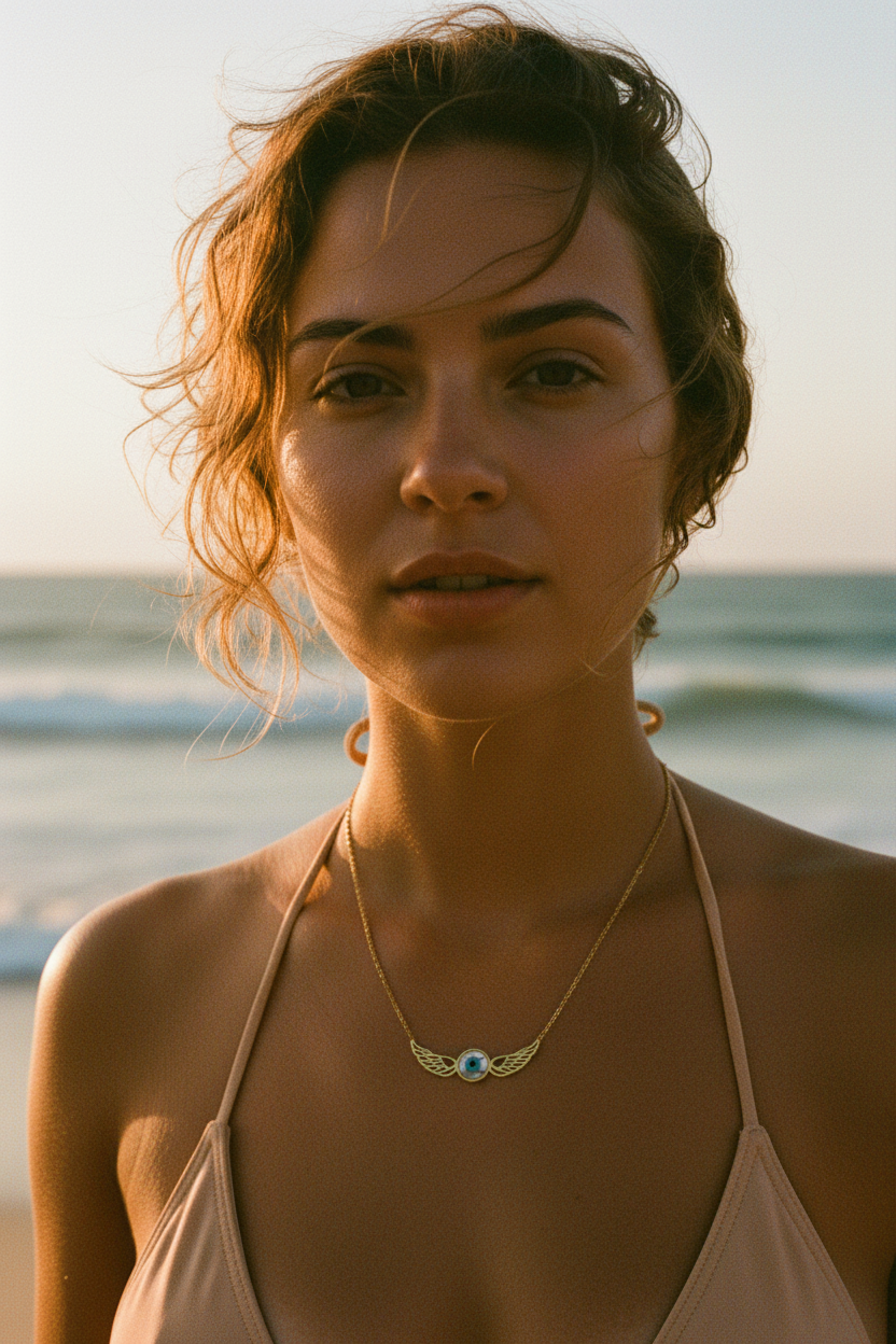 Woman at beach wearing evil eye angel wings necklace