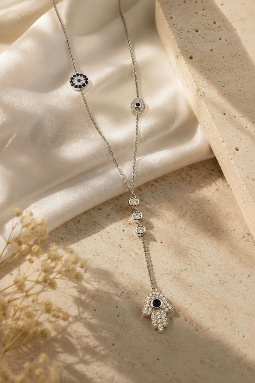 The Guardian Lariat necklace draped on ivory silk