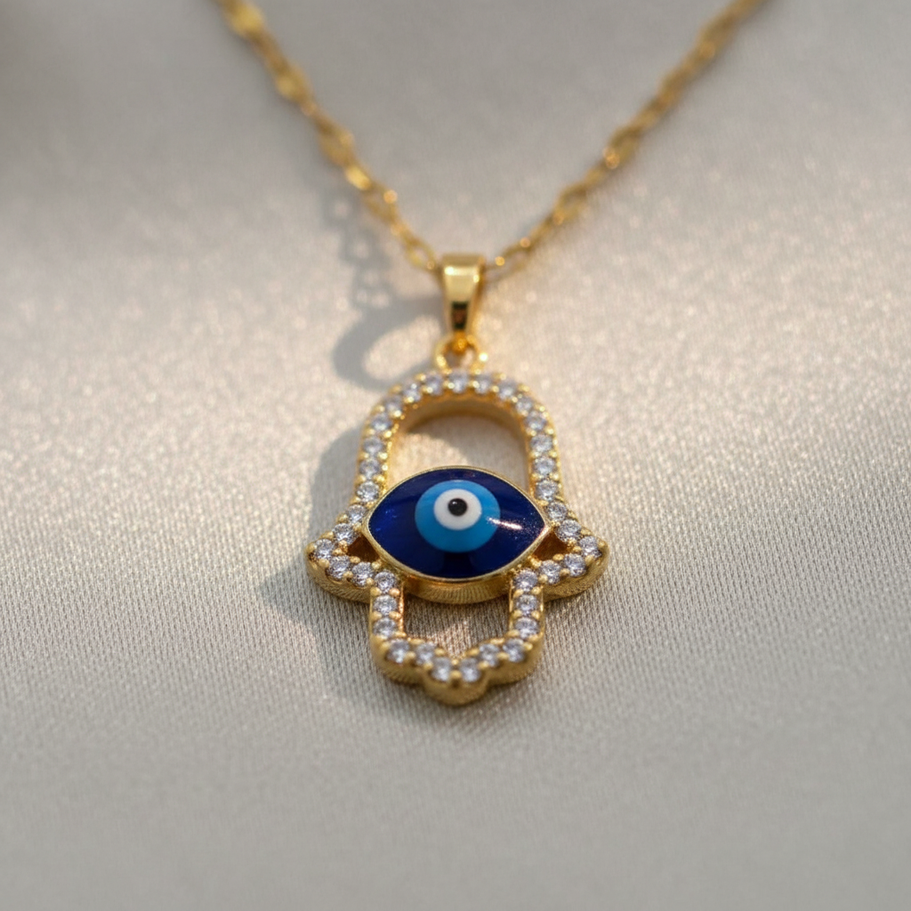 Close-up macro of Hamsa evil eye zirconia pendant