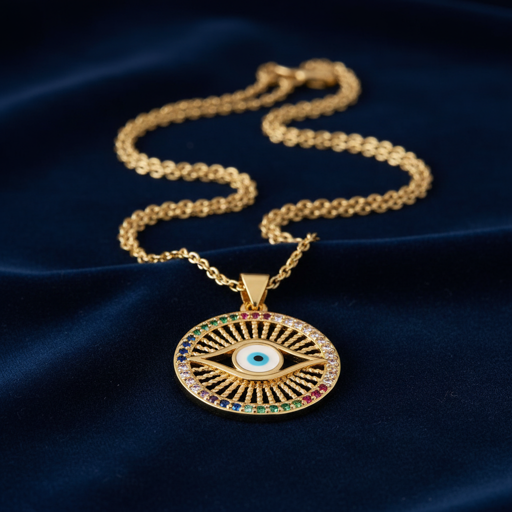 Rainbow Evil Eye Coin Necklace — navy velvet showcase