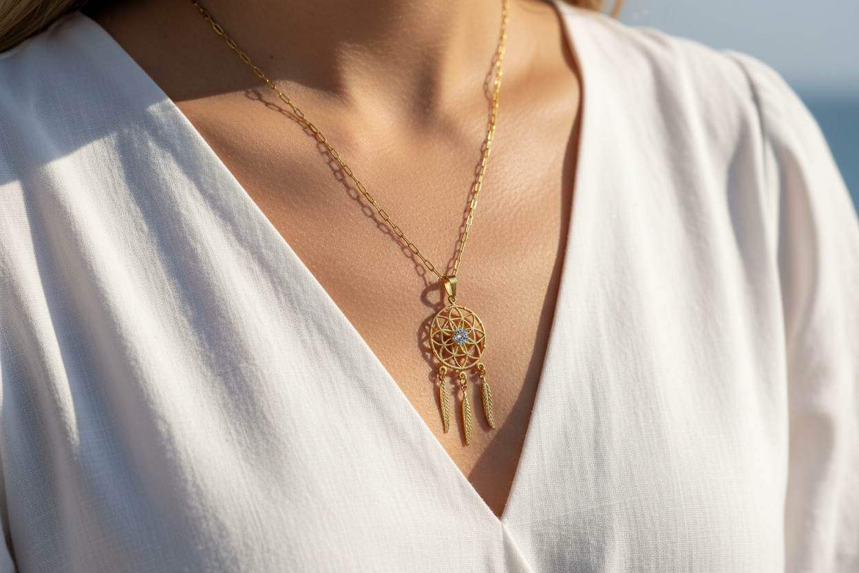 Close-up of gold dreamcatcher pendant with crystal center and feather charms