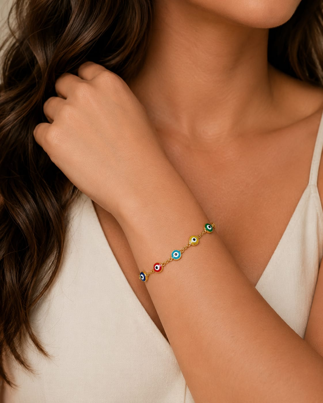 The Iris Link Bracelet — Multicolor Gold-Filled Evil Eye