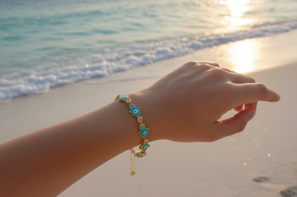 Teal hamsa bracelet beach lifestyle