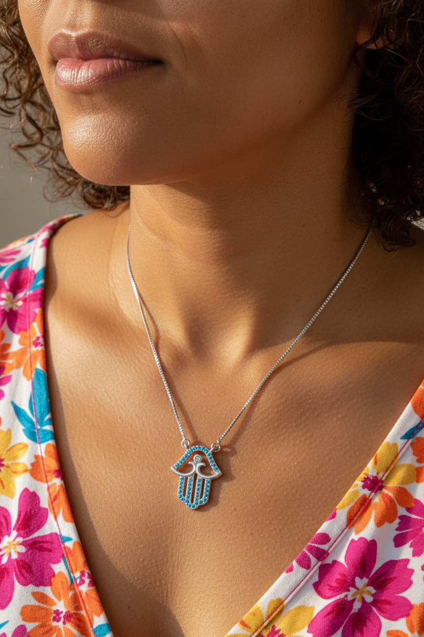 UGC lifestyle shot of silver turquoise hamsa necklace worn on woman with warm brown skin