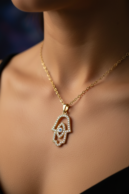 Lifestyle — close-up collarbone shot of CZ Hamsa Evil Eye Necklace