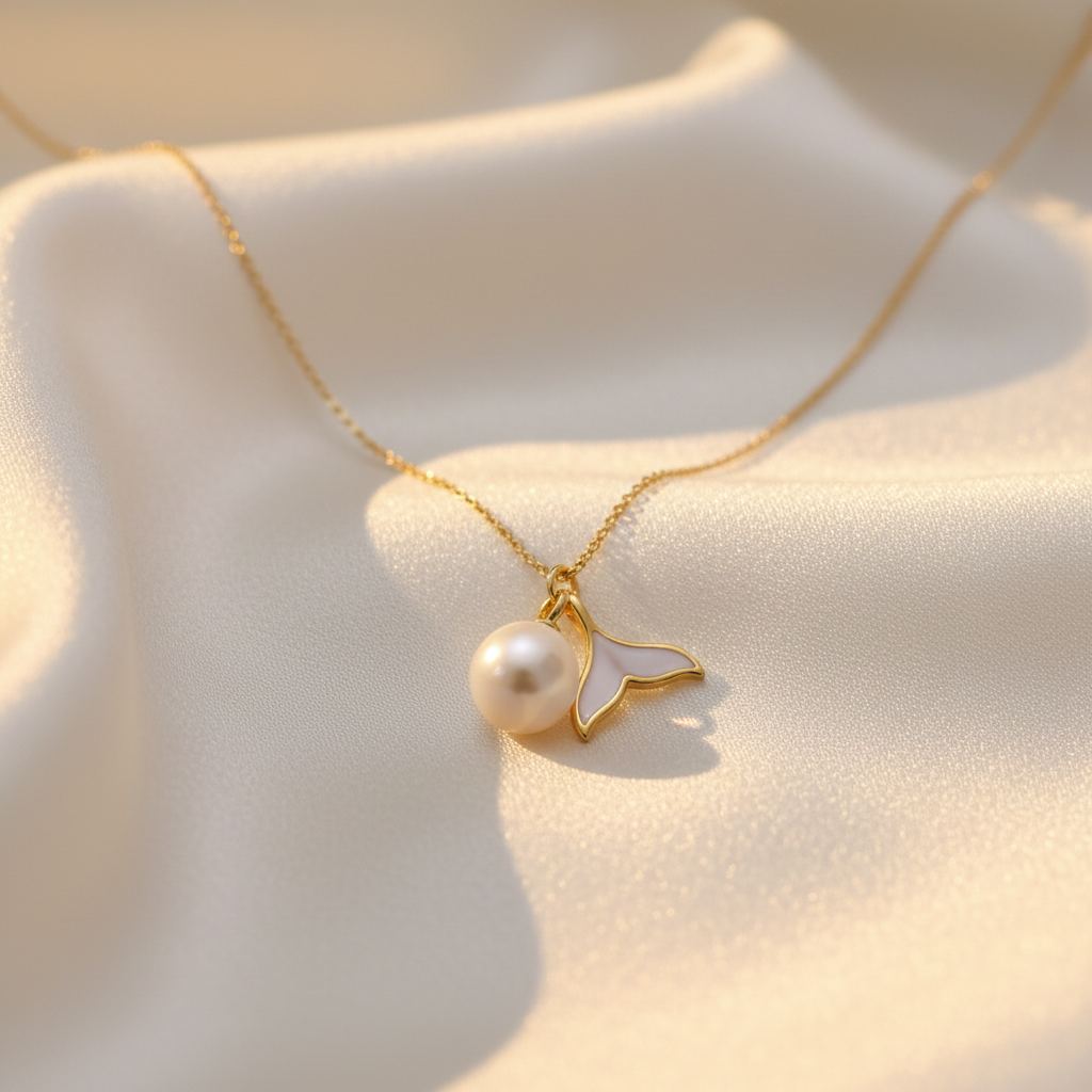 Pearl whale tail necklace on white silk fabric