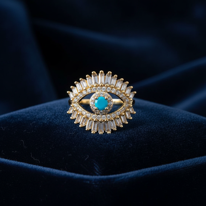 Gold baguette evil eye cocktail ring on dark navy velvet luxury showcase