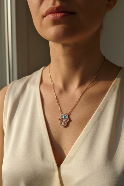 UGC realistic lifestyle shot of rose gold filigree hamsa necklace worn by woman in luxury setting