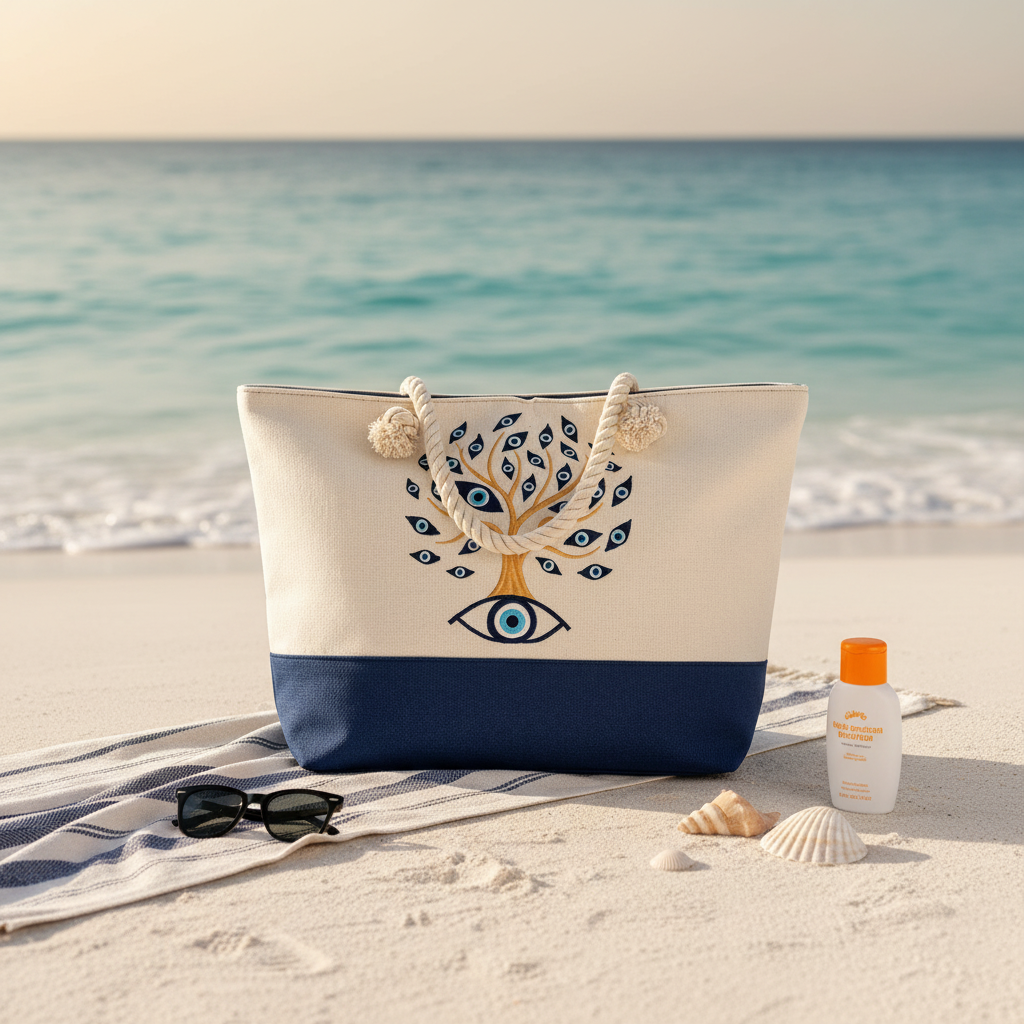 The Alora Bag on beach with towel, sunglasses and seashells