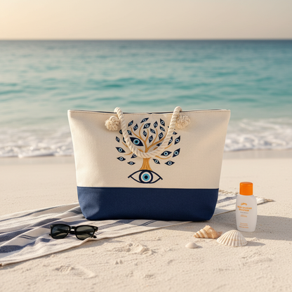 The Alora Bag on beach with towel, sunglasses and seashells