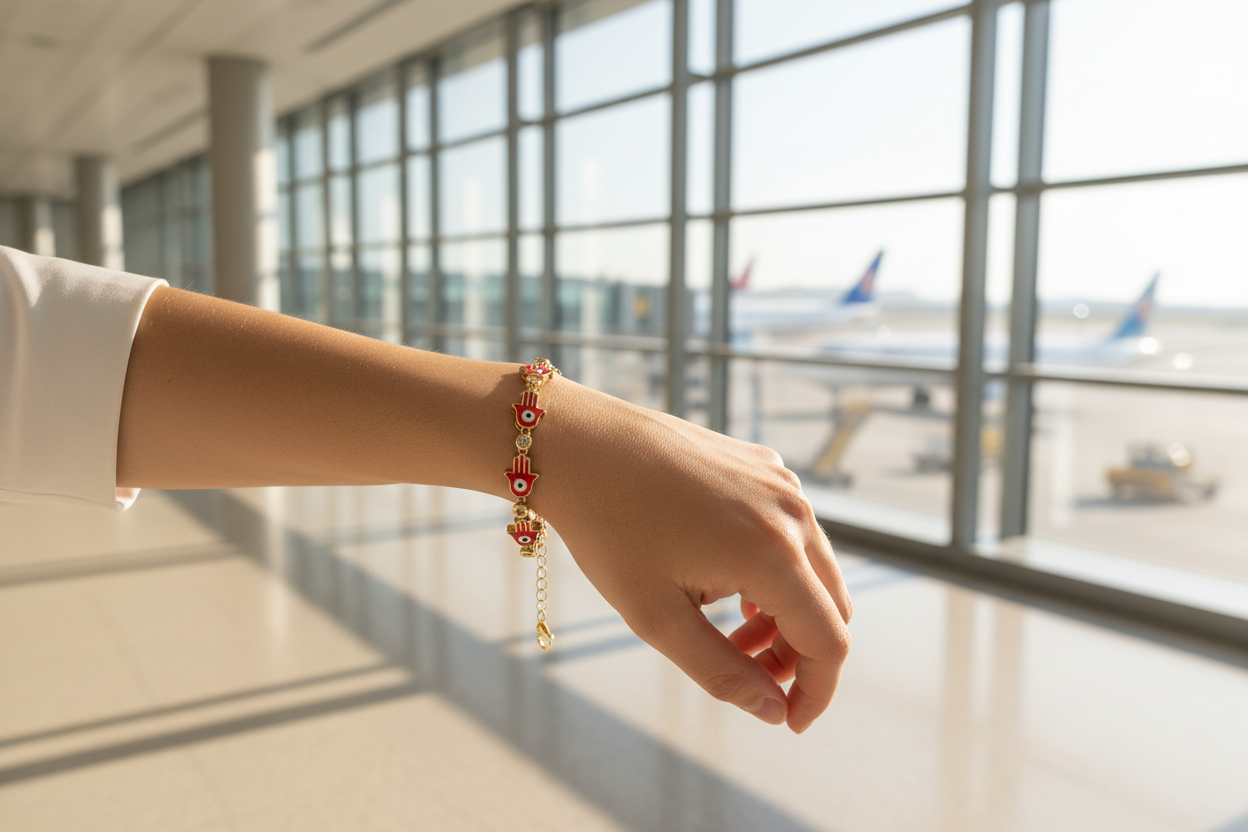 Red hamsa evil eye bracelet travel lifestyle at airport