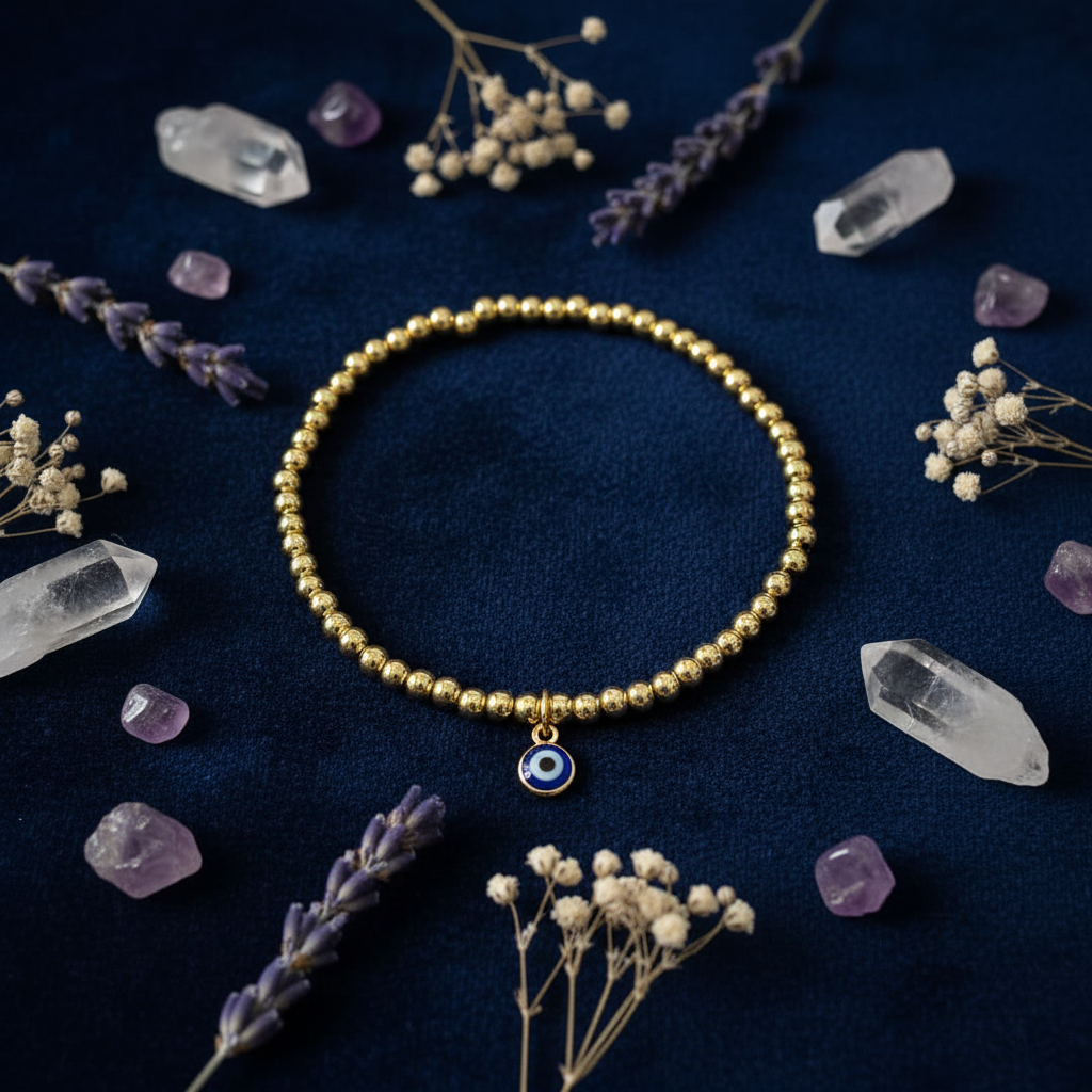 Flat lay of gold beaded evil eye bracelet on dark navy velvet with crystals
