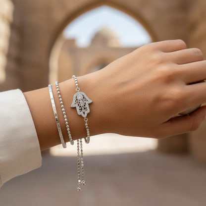 Hamsa Bracelet stacked jewelry lifestyle