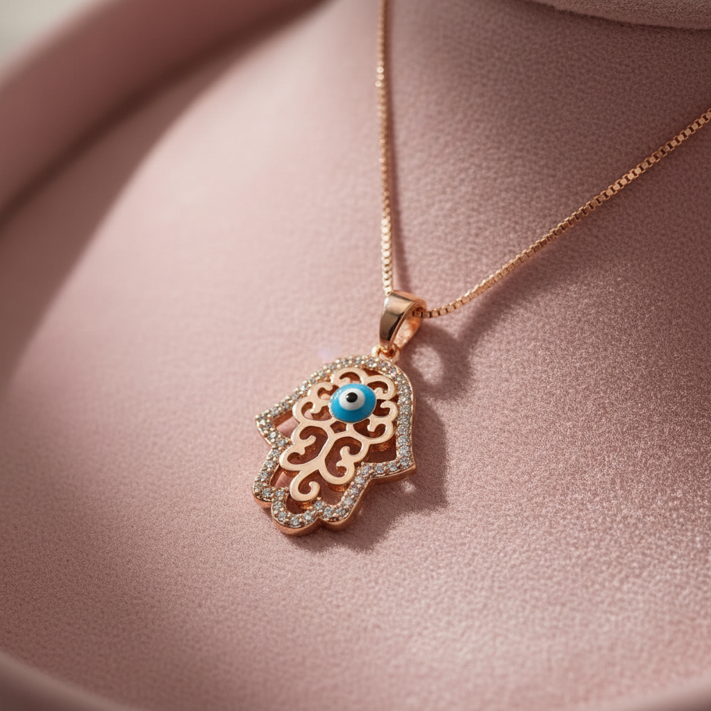 Rose gold filigree hamsa evil eye necklace on blush velvet luxury showcase