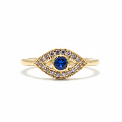 Evil eye sapphire ring macro CZ sparkle close-up