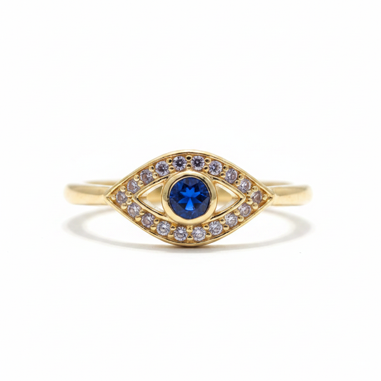 Evil eye sapphire ring macro CZ sparkle close-up