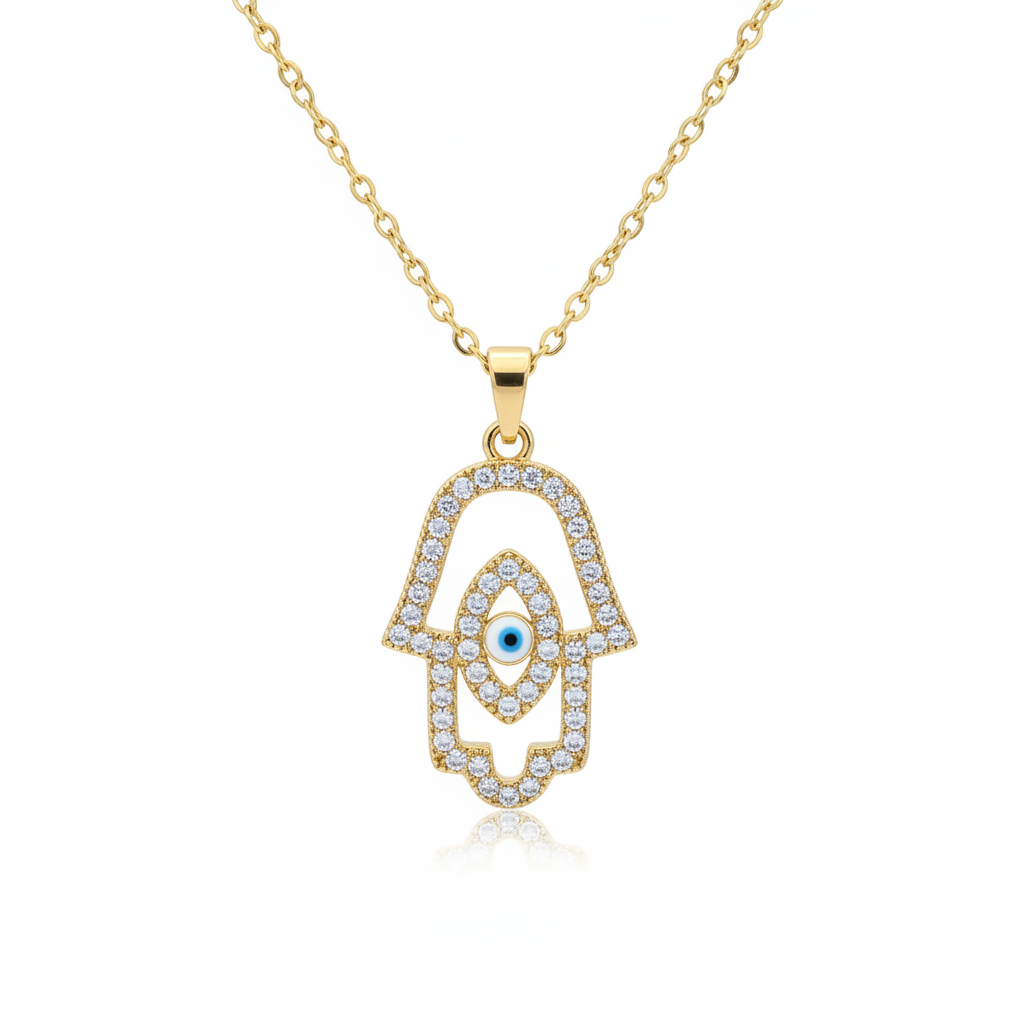 CZ Hamsa Evil Eye Necklace — white background showcase