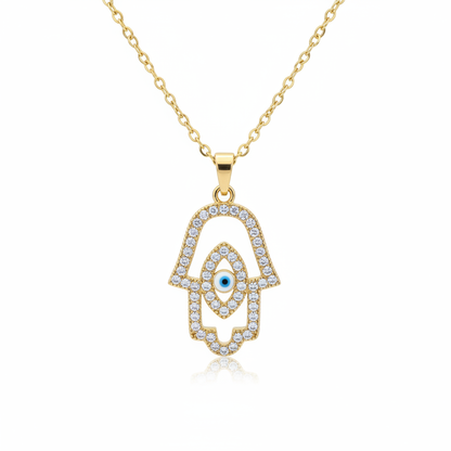 CZ Hamsa Evil Eye Necklace — white background showcase