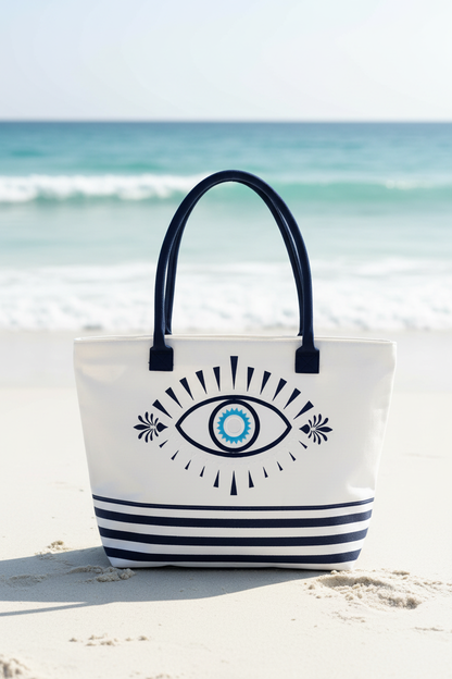 The Mara Bag standing on white sand beach with turquoise ocean background