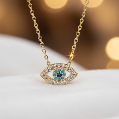 Close-up macro of evil eye zirconia pendant necklace