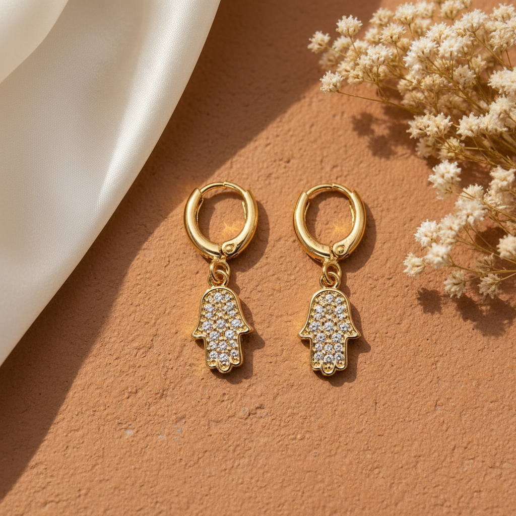 The Hamsa Hoop Earrings terracotta brand flat lay