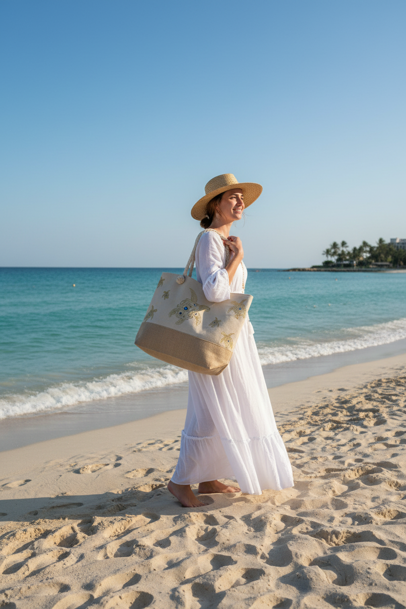 Evil Eye Sea Turtle Beach Tote lifestyle shot at the beach
