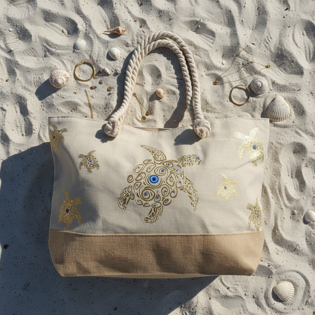 Evil Eye Sea Turtle Beach Tote — flat lay on sand, filled and voluminous