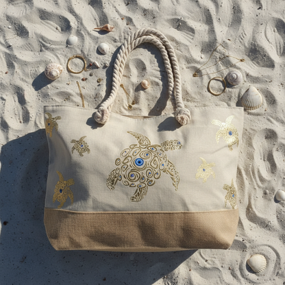 Evil Eye Sea Turtle Beach Tote — flat lay on sand, filled and voluminous