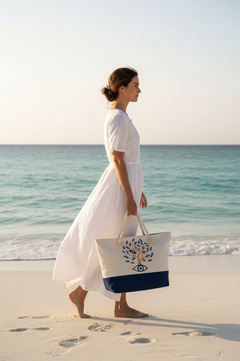 Woman walking on beach carrying The Alora Bag