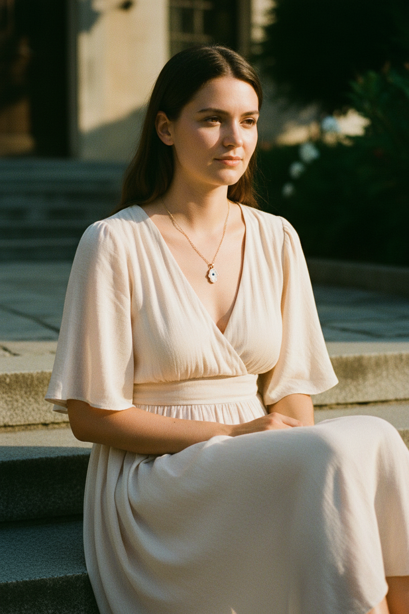 Woman sitting on outdoor steps wearing white enamel Hamsa evil eye necklace