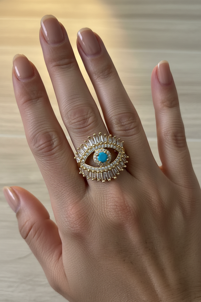 UGC lifestyle shot of gold baguette evil eye ring worn on woman's hand